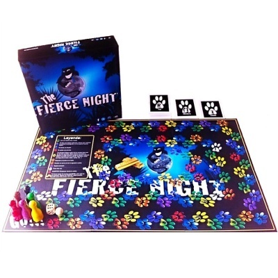Jogo The Fierce Night com tabuleiro colorido, peças, dados e cartas