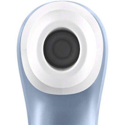 Dispositivo eletrônico azul claro e branco com botão circular preto