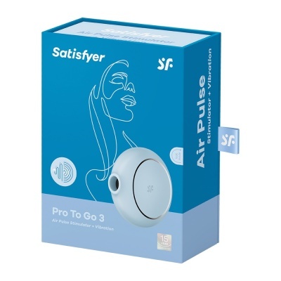 Embalagem do produto Satisfyer Pro To Go 3 azul com design minimalista e texto explicativo