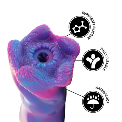 produto em silicone flexível roxo e rosa com textura rugosa e abertura circular