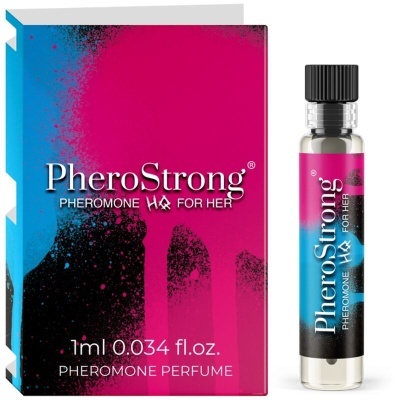 Frasco e embalagem do perfume PheroStrong para ela em azul, rosa e preto