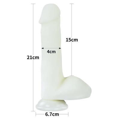 Produto fálico branco com medidas indicadas em fundo branco