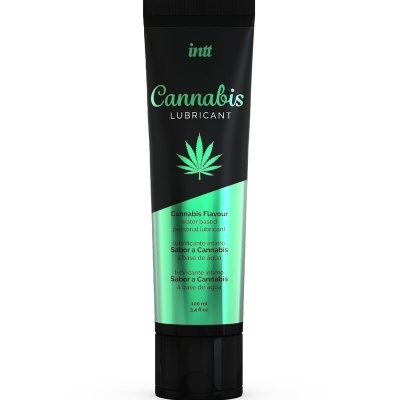 Frasco de lubrificante íntimo sabor cannabis preto e verde