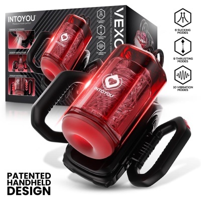 Máquina masculina de prazer sexual vermelha e preta com design segurável e modos variados em caixa