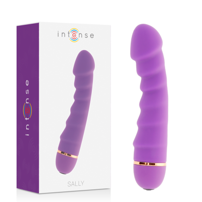 Vibrador roxo com textura ondulada e embalagem