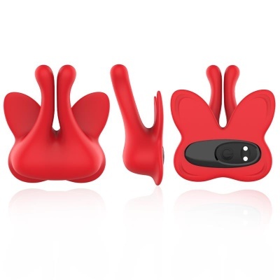 Dispositivo vermelho com controle preto visto de vários ângulos
