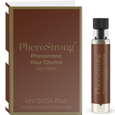 Frasco pequeno de perfume com rótulo castanho e texto dourado ao lado de caixa