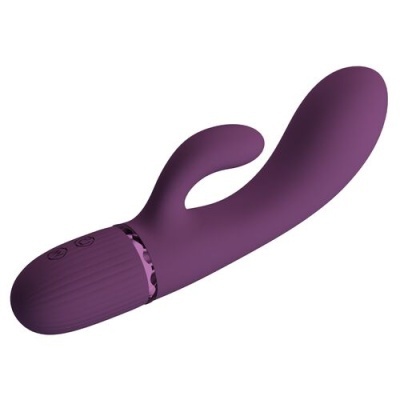 Vibrador roxo em silicone com botões de controlo, fundo branco