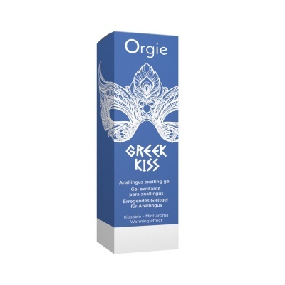 Embalagem azul e branca do gel Greek Kiss da Orgie com desenho de máscara branca