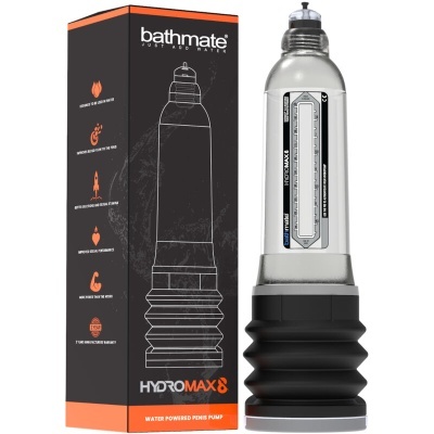 Bomba de pénis Bathmate Hydromax8 com embalagem preta e laranja