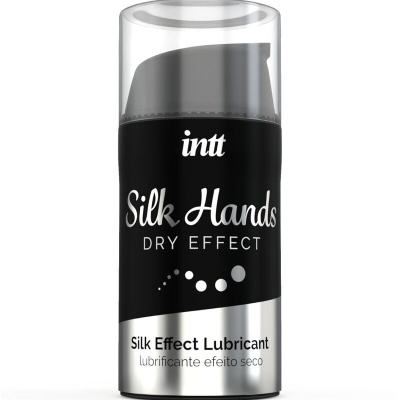 Frasco de lubrificante Silk Hands em embalagem preta e prata com tampa transparente