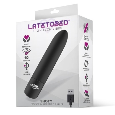 Embalagem de vibrador bullet preto com texto e ícones de características