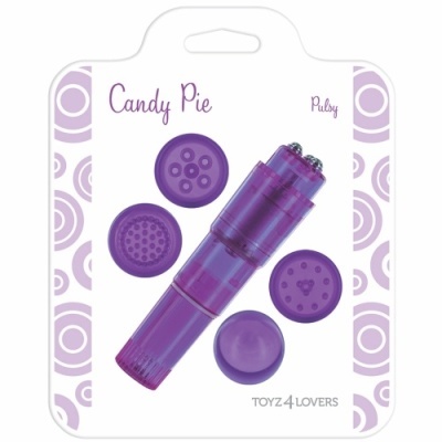 Produto erótico roxo Candy Pie com cinco acessórios em embalagem branca e roxa