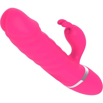 Vibrador rosa em silicone com estimulador adicional em forma de orelhas de coelho