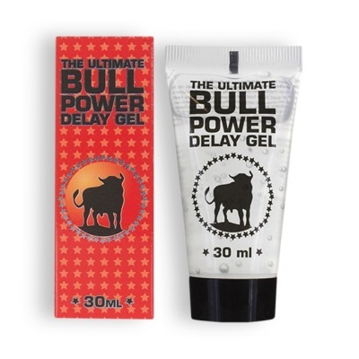 Gel Bull Power Delay de 30 ml com embalagem vermelha e tubo branco com touro preto