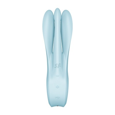 Dispositivo azul claro em silicone com três pontas e símbolos embutidos