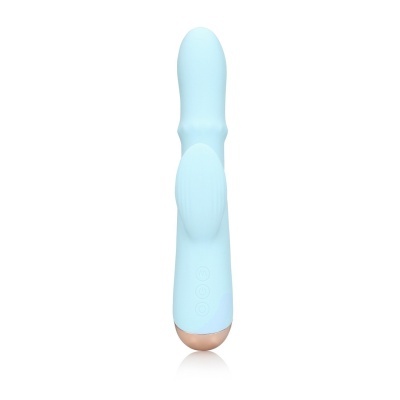 Vibrador azul claro com base dourada e botões na frente