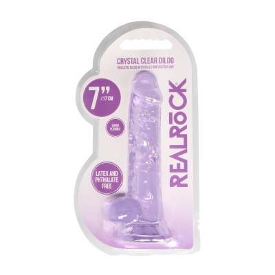 Dildo cristal translúcido roxo em embalagem clara com texto