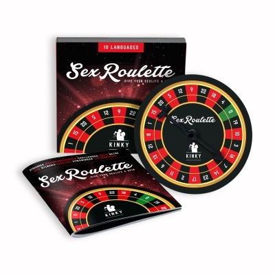 Jogo Sex Roulette com roleta, embalagem e livreto em cores preto, vermelho, verde e amarelo.