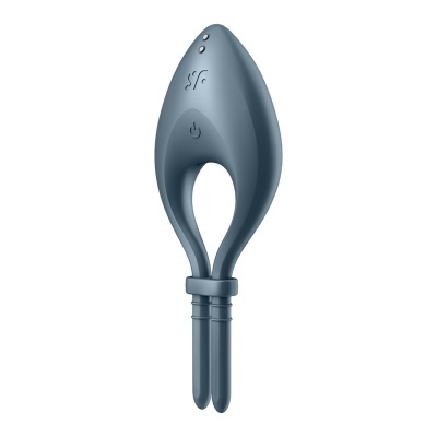 Dispositivo azul acinzentado com botões e símbolo de power, design ergonómico