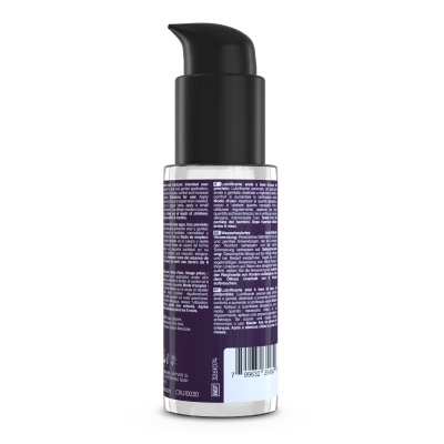 Frasco transparente com doseador preto e rótulo roxo multilíngue