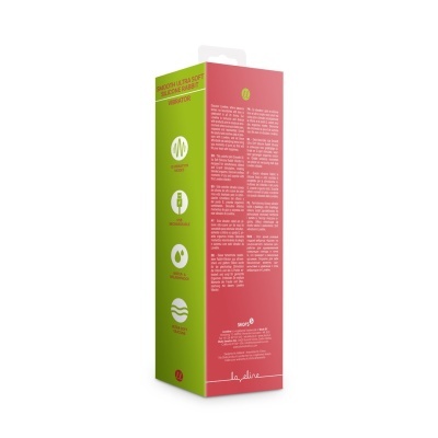 Embalagem de vibrador Loveline rosa e verde com características e descrição multilíngue