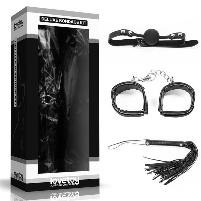 Kit bondage deluxe preto com venda, algemas, chicote e embalagem Lovetoy
