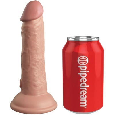 Dildo de cor pele ao lado de lata vermelha com texto Pipedream