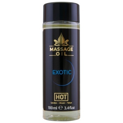 Frasco de óleo para massagem EXOTIC HOT com rótulo preto e dourado