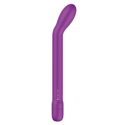 Vibrador roxo em silicone com formato curvo e texto b swish