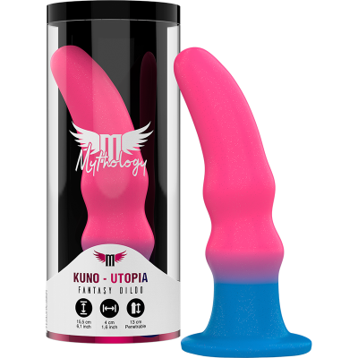 Dildo cor-de-rosa com base azul e caixa transparente com texto da marca e dimensões