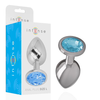 Plug anal metálico prateado com pedra azul e embalagem branca e azul