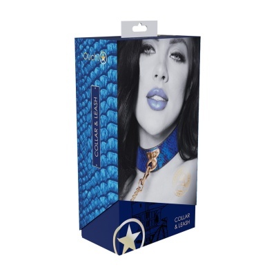 Embalagem do conjunto colar e trela azul com corrente dourada