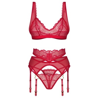 Conjunto de lingerie vermelho em renda com sutiã, cinta-liga e tanga