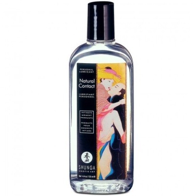 Frasco transparente de lubrificante pessoal Natural Contact da SHUNGA com rótulo ilustrado em cores