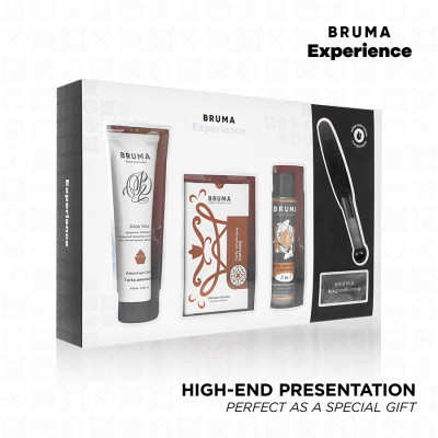 Caixa de oferta BRUMA Experience com gel Aloe Vera, vibrador líquido, óleo 3 em 1 e vibrador preto.