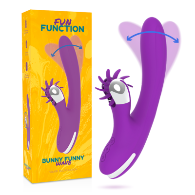 Vibrador roxo com duas extremidades e embalagem amarela Fun Function Bunny Funny Wave