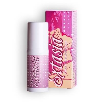 Gel estimulante para clitóris Extasia em embalagem rosa com bolinhas brancas.