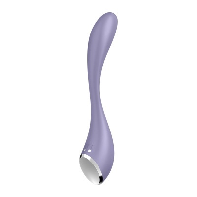 Massageador pessoal roxo com base prateada e indicadores luminosos
