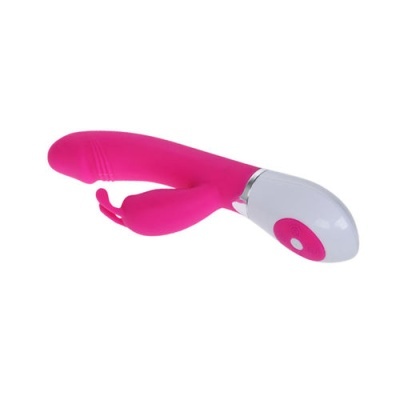 Vibrador rosa com base branca e botão de controlo