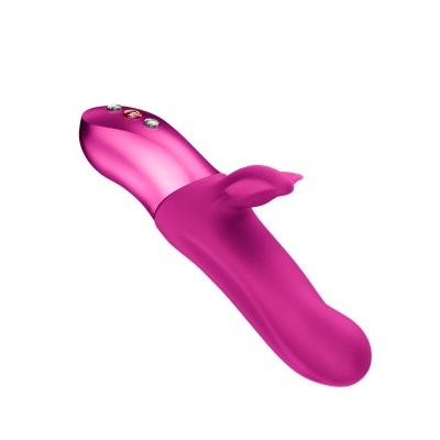 Vibrador cor-de-rosa com extensão em forma de orelha e botões metálicos