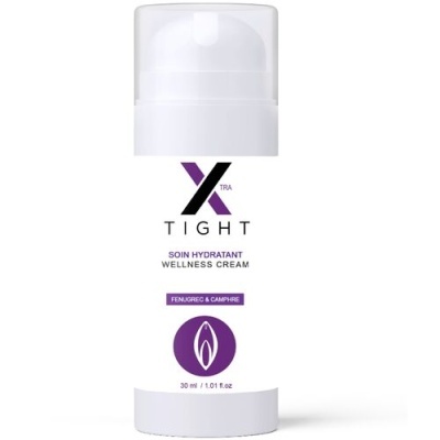 Frasco branco de creme hidratante Xtra Tight com texto e símbolo roxo, fundo branco