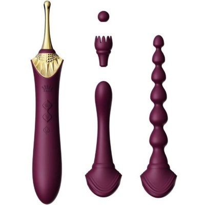 Acessórios eróticos em silicone roxo com detalhes dourados e várias formas