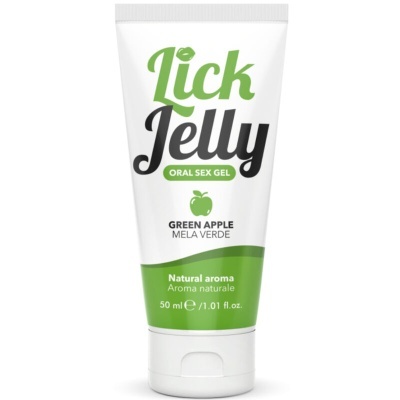 Gel oral Lick Jelly maçã verde em tubo branco e verde