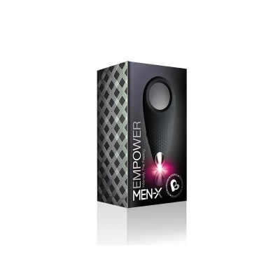 Caixa de produto preto com padrão geométrico lateral e texto EMPOWER MEN-X com acessório preto