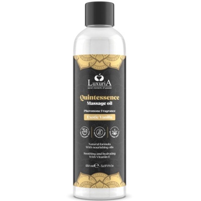 Frasco de óleo de massagem Luxuria Quintessence Vanilla Exótica com rótulo preto e dourado