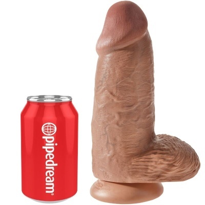 Dildo castanho claro texturizado com base e lata vermelha pipedream ao lado