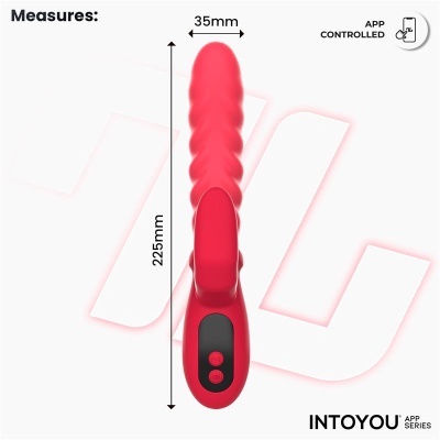 Vibrador vermelho com botão e medidas indicadas
