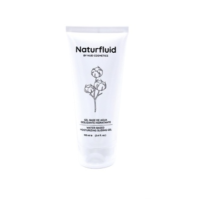 Frasco branco de gel hidratante deslizante Naturfluid com desenho de algodão e texto em português e inglês