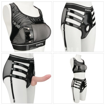 Conjunto de lingerie preto com malha, tiras e prótese anatómica